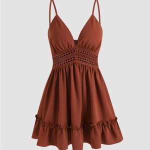 CIDER Solid Hollow Out Ruffle Mini Dress in Brown.